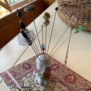 Bundle Set 10 Antique Vintage Hat Pins Plus Hatpin Ceramic Holder